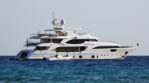 A luxury performance yacht at sea.