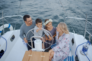 A family cruising on a yacht