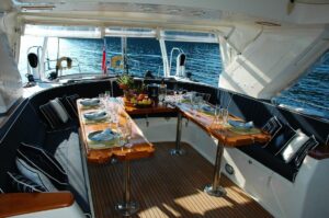 A dining setup on a Cabo yacht charter